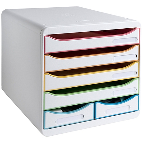 Organisateur de bureau blanc avec tiroirs colorés. Rouge, orange, jaune, vert et bleu en haut. Tiroirs avec champs d'étiquetage.