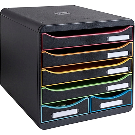 Organisateur de documents noir avec tiroirs colorés. Rose, jaune, vert, bleu. Chaque tiroir a une étiquette blanche.