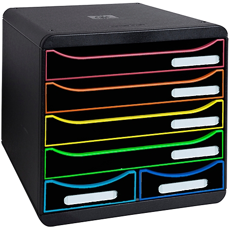 Organisateur de documents noir avec des tiroirs colorés. Chaque tiroir a une étiquette blanche.