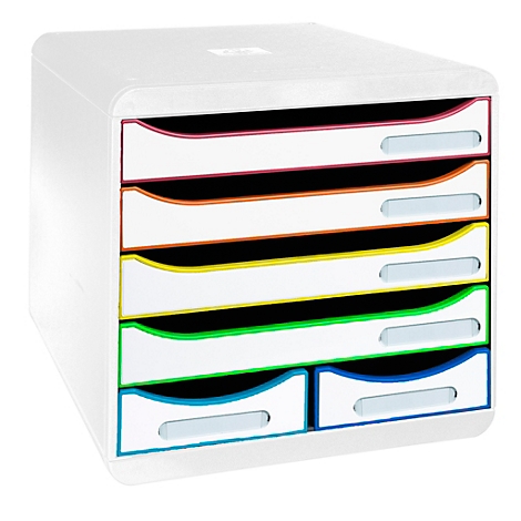 Weißer Schrank mit sechs farbigen Schubladen. Pink, orange, gelb, grün und blau umranden die Schubladen.