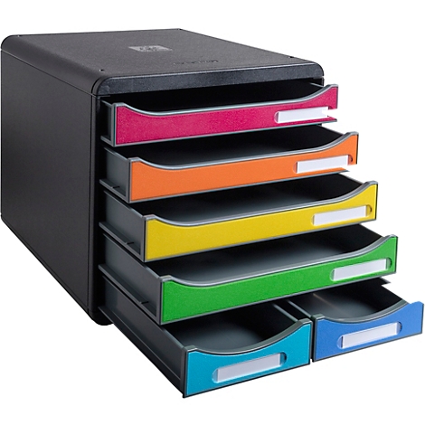Organisateur de documents noir avec tiroirs colorés.