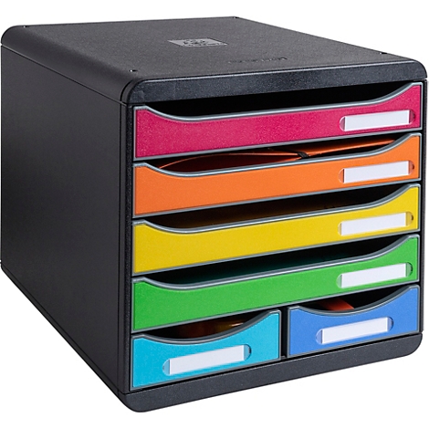 Organisateur de documents noir avec tiroirs colorés. Étiquettes pour l'étiquetage disponibles.