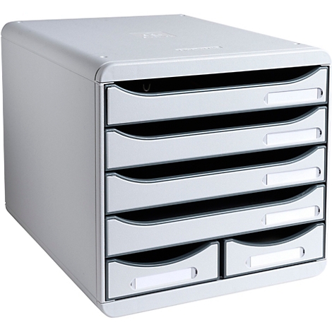 Grijze, verticale bestandsorganizer met zes laden en naamlabels.