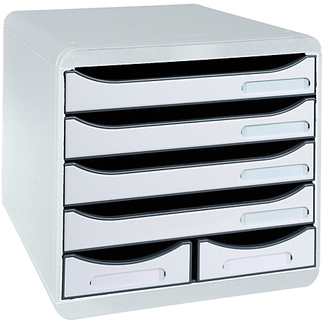 Grijze, zeslaags brievenhouder met zwarte lade-inzetstukken en witte labelvelden.