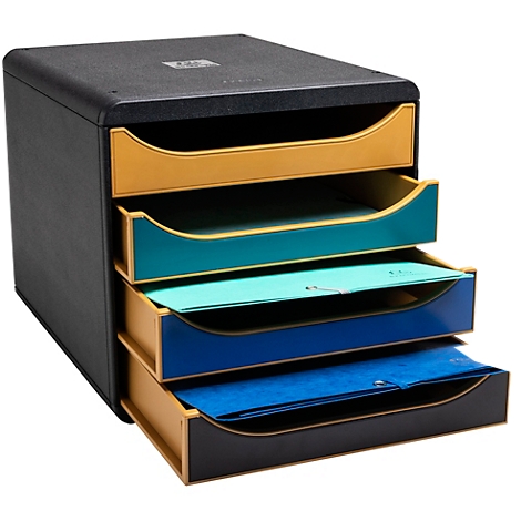 Zwarte documentenorganizer met vier lades in geel, turquoise, blauw en groen, gevuld met papier.