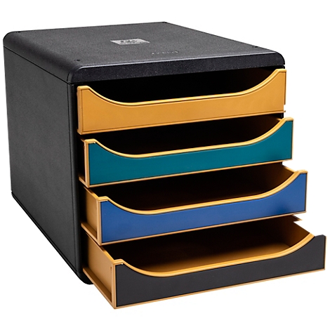 Organisateur de documents noir avec quatre compartiments de couleurs différentes : jaune, bleu, turquoise et noir.
