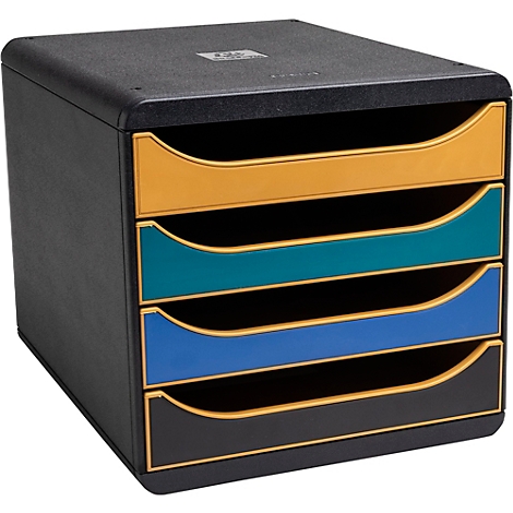 Pile de classement de documents noir avec quatre tiroirs colorés : jaune, bleu-vert, bleu, noir. Boîtier noir avec des accents jaunes.