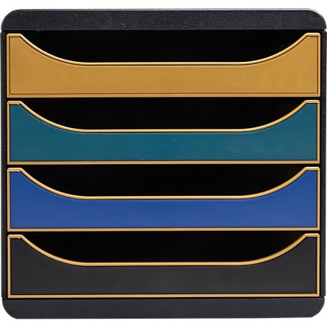 Organisateur de documents noir avec quatre compartiments jaune, turquoise, bleu et gris.