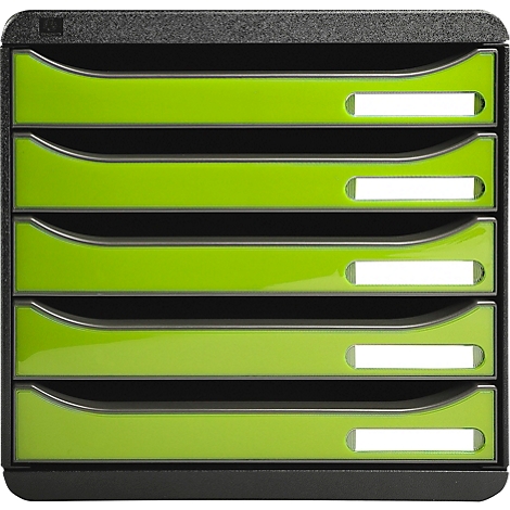 Organisateur de documents noir avec cinq tiroirs vert vif avec porte-noms.