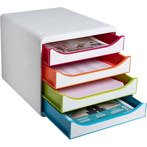 Plateau de classement empilable blanc avec tiroirs colorés : rose, orange, vert et bleu. Il y a des papiers dans les tiroirs.