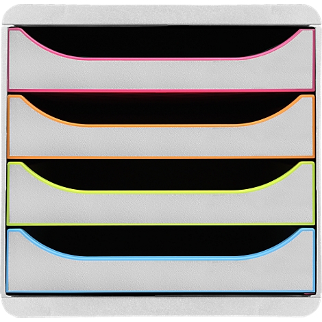 Organisateur de bacs à courrier multicolore avec tiroirs noirs et accents colorés en rose, orange, jaune et bleu.