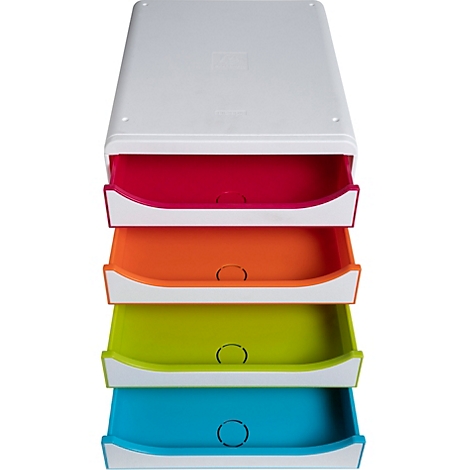 Meuble de rangement multicolore avec quatre tiroirs. Le rouge, l'orange, le vert et le bleu sont les couleurs. Au-dessus, un couvercle blanc.