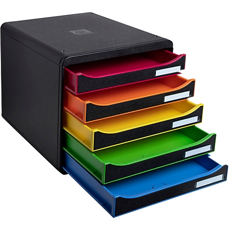 Organisateur de documents noir avec cinq tiroirs colorés.