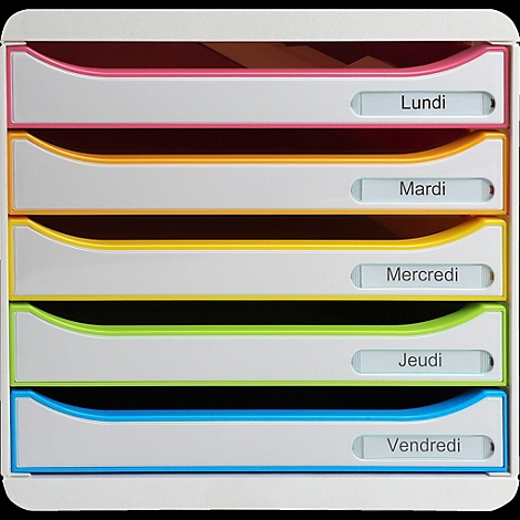 Weißer Büroorganizer mit Schubladen in den Farben Pink, Orange, Gelb, Grün und Blau. Beschriftet mit den Wochentagen auf Französisch.