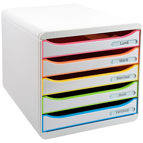Witte bureau organizer met vijf gekleurde lades. Elk heeft een dag van de week: maandag, dinsdag, woensdag, donderdag, vrijdag.