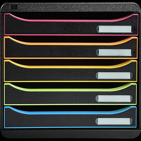 Zwarte documentenlade met gekleurde laden in roze, oranje, geel, groen en blauw.