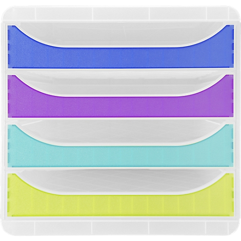 Vue d'un organiseur de bureau multicolore à plusieurs niveaux avec des tiroirs bleus, violets, turquoise et jaunes.
