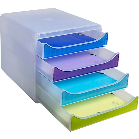 Mehrfarbiger Schubladenschrank mit vier Schubladen. Die Schubladen sind blau, lila, türkis und gelb gefärbt.