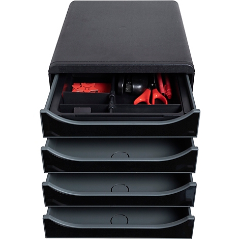 Armoire à tiroirs noire avec tiroir supérieur ouvert et outils rouges.