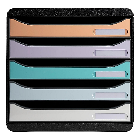 Organisateur de documents noir avec cinq plateaux colorés.