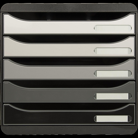 Zwart-grijze brieventoren met vijf lades, elk met een labelvak.