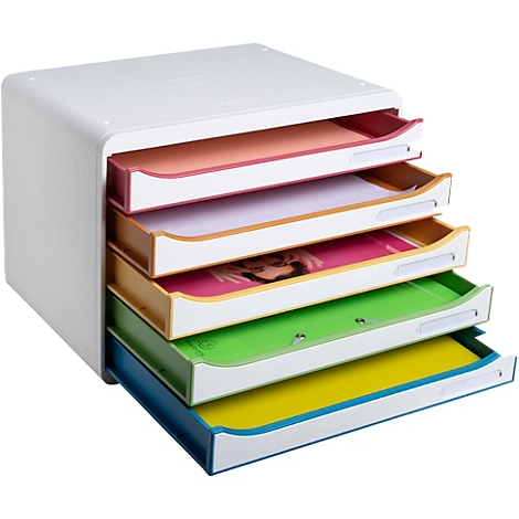Bac à papier multicolore avec quatre tiroirs remplis de documents et de papier.