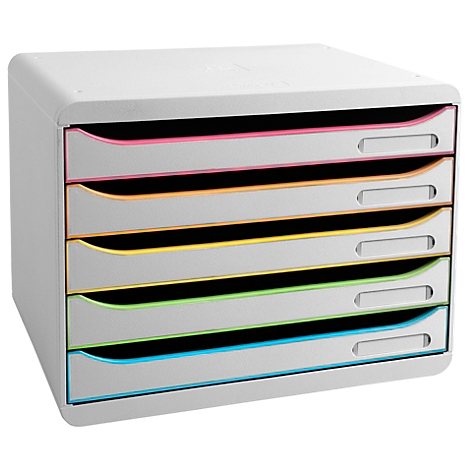 Classeur gris avec six tiroirs. Les tiroirs sont bordés de couleurs : rose, orange, jaune, vert et bleu.