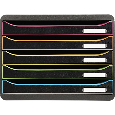 Organisateur de documents noir avec tiroirs colorés : rose, orange, jaune, vert et bleu. Chaque tiroir a un champ d'étiquette blanc.