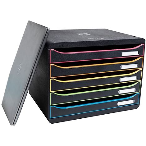 Schwarzer Dokumenten-Organizer mit farbigen Schubladen und einem Laptop.