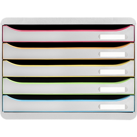 Grauer Aktenhalter mit Schubladen in verschiedenen Farben, mit kleinen weißen Schildern.