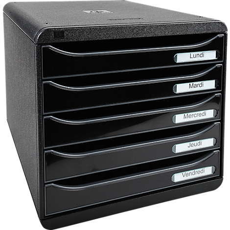 Schwarzer Dokumenten-Organisator mit 5 Schubladen, beschriftet mit den Wochentagen auf Französisch.