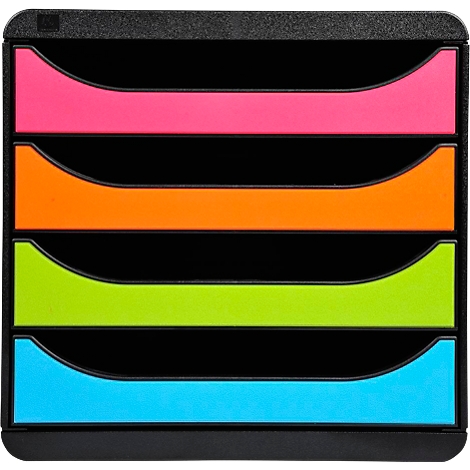 Organisateur de documents noir avec cinq plateaux colorés en rose, orange, vert et bleu.