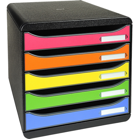 Organisateur de documents noir avec cinq tiroirs colorés. Chaque tiroir a une étiquette blanche.