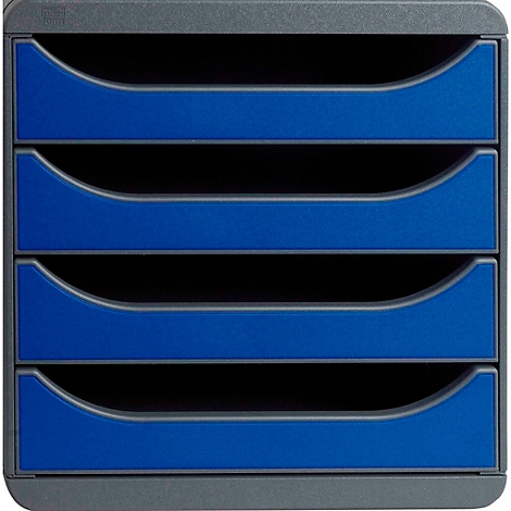 Système de classement gris-bleu avec quatre compartiments. Chaque compartiment a une face avant bleue arquée avec un cadre gris.