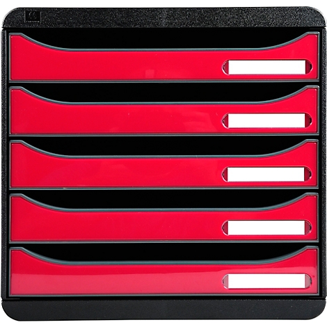 Organisateur de documents noir avec cinq bacs rouges et des champs d'étiquetage blancs.
