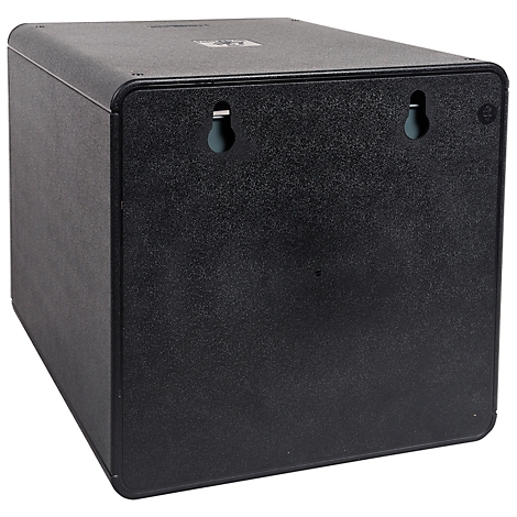 Schwarzer, quaderförmiger Kasten, zwei Halterungen für Wandmontage.