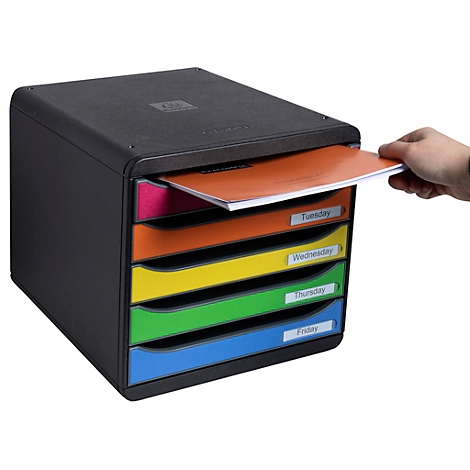 Zwarte documentenorganizer met vijf gekleurde compartimenten. Een hand verwijdert een oranje document.