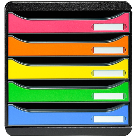 Zwarte documentenorganizer met vijf gekleurde lades: roze, oranje, geel, groen en blauw.