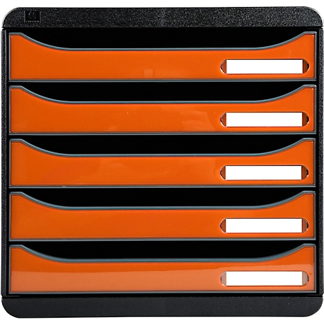 Organisateur de documents noir avec cinq tiroirs orange et des champs d'étiquettes blancs.