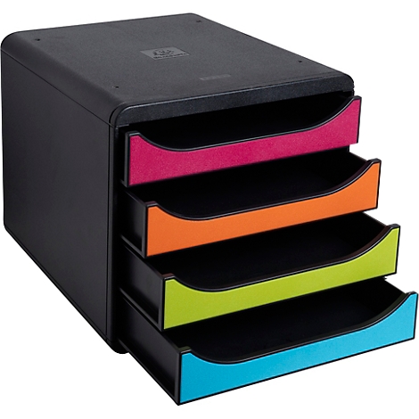 Zwarte documentenorganizer met vier verschillend gekleurde vakken: roze, oranje, groen en blauw.