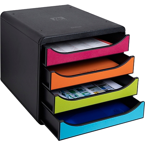 Zwarte documentenorganizer met vier gekleurde laden: roze, oranje, groen en blauw.
