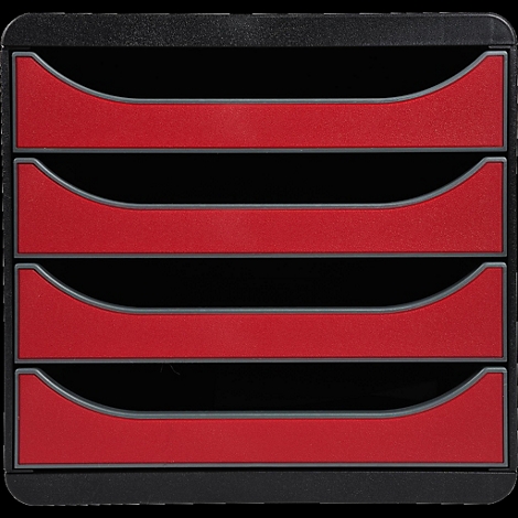 Organisateur de documents noir avec des inserts rouges. Quatre compartiments avec des bords incurvés. Bordure grise.