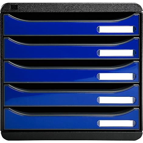 Zwarte documentenorganizer met zes blauwe laden en witte labelgebieden.