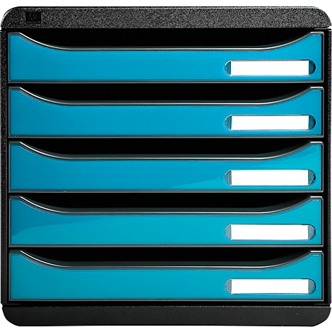 Bac de rangement bleu et noir avec cinq tiroirs et des champs d'étiquettes blancs.