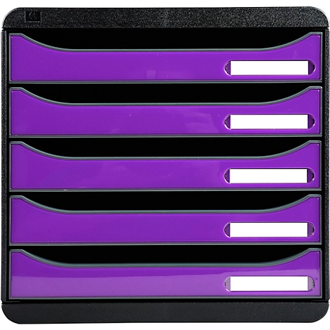 Organisateur de documents noir avec cinq tiroirs et façades de tiroirs violettes avec champs d'étiquettes blancs.