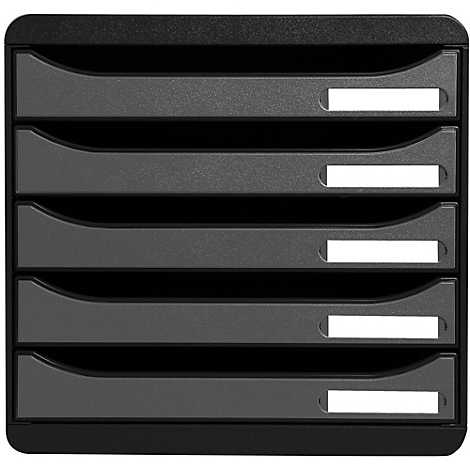 Organisateur de documents noir avec cinq tiroirs et des champs d'étiquettes blancs.