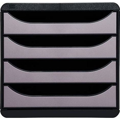 Bac à documents noir avec quatre compartiments de couleur grise, pour le bureau ou le bureau à domicile.