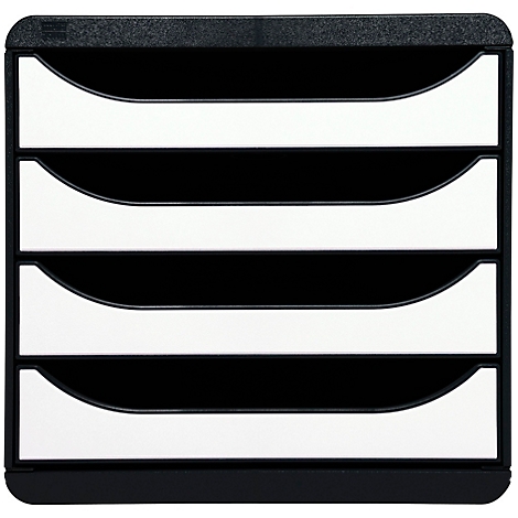 Organisateur de documents noir avec quatre compartiments. Les compartiments sont séparés par des zones blanches, le boîtier est noir.