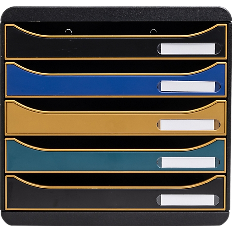 Organisateur de documents noir avec tiroirs bleus, jaunes et turquoise, avec champs d'étiquetage blancs.