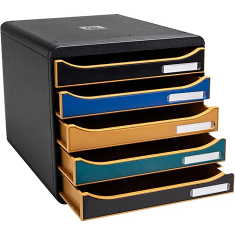 Classeur de documents noir avec 5 tiroirs colorés.
